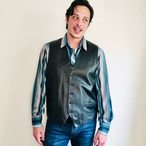 🔥SOLD🔥90s VTG 100% Leather Black Western Cowboy Biker Vest Waistcoat Sz Large